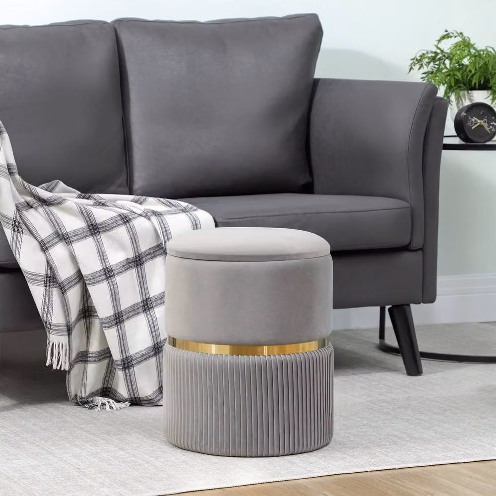 Wyld Haus Rivera Ribbed Velvet Storage Ottoman in Light Grey with Gold Accents – 7