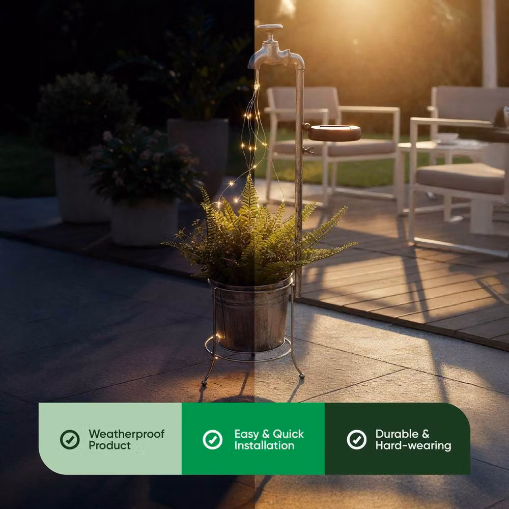 Gardenwize Solar Watering Tap Garden Light with Cascade LEDs, Silver Outdoor Decorative Solar Lantern with 30 Warm White Lights, Height: 62 cm – 2