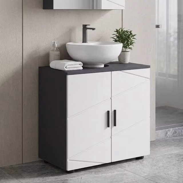 STILVORA Grey Under Sink Bathroom Cabinet with Soft Close Hinged Doors and Internal Shelves