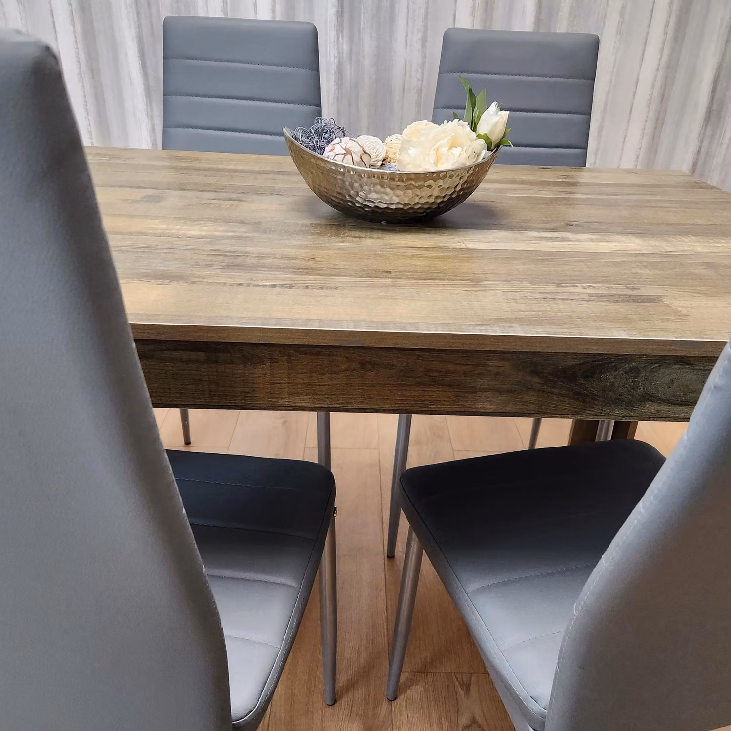 Kosy Koala Dining Room Set with Rustic Effect Rectangular Table and 4 Grey Faux Leather Chairs – 2