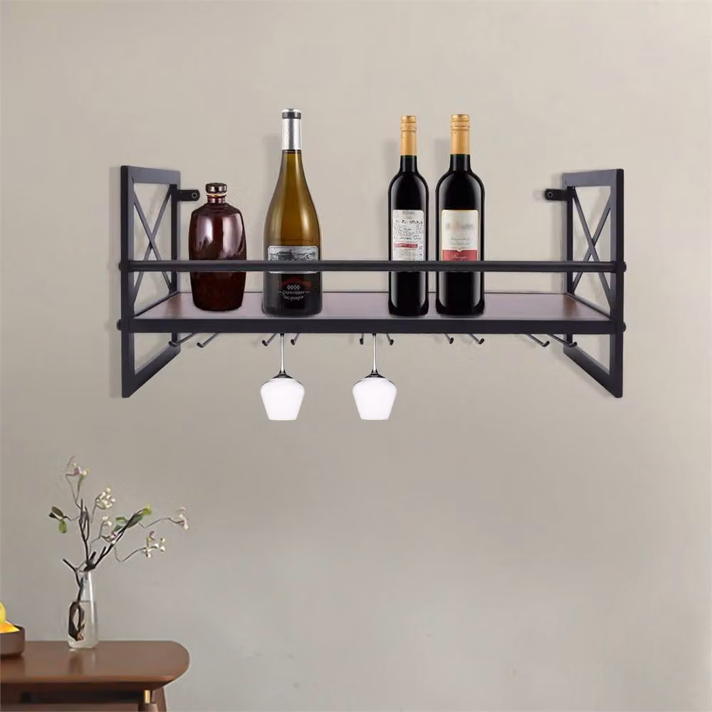 Nordara Industrial Metal and MDF Wall Mounted Wine Bottle and Glass Rack Shelf in Black and Brown – 3