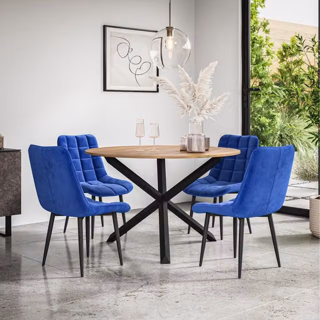 More4Homes Malvern Round Oak Effect Dining Table Set with 6 Blue Nova Velvet Chairs and Black Oak Legs