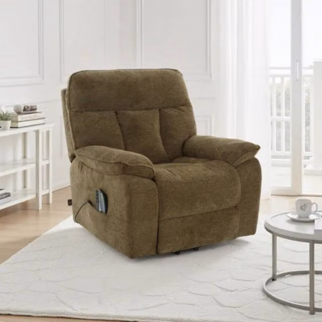 Beehive Furniture Devonshire Electric Rise and Recline Massage Chair in Brown Fabric with Powered Lift Assist and Solid Wood Frame