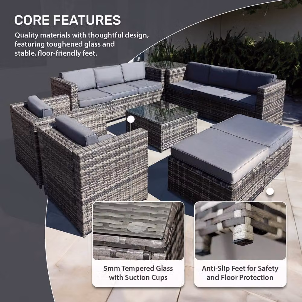 Oseasons Malta 10 Seat U-Shape Rattan Garden Set in Walnut Grey with 2 Brown Footstools – 3