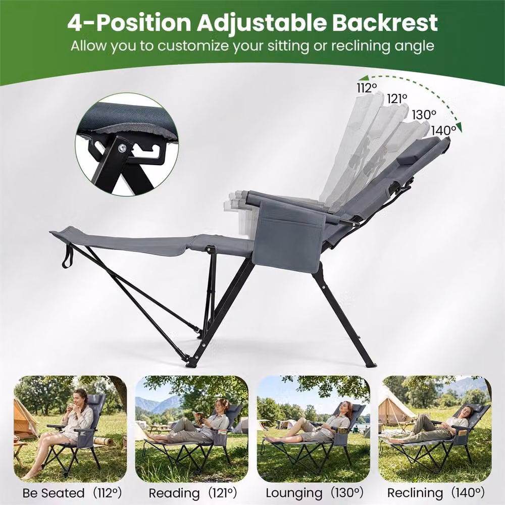 NESTLUNE Grey Folding Lounge Chair with Adjustable Headrest and Armrests – 4