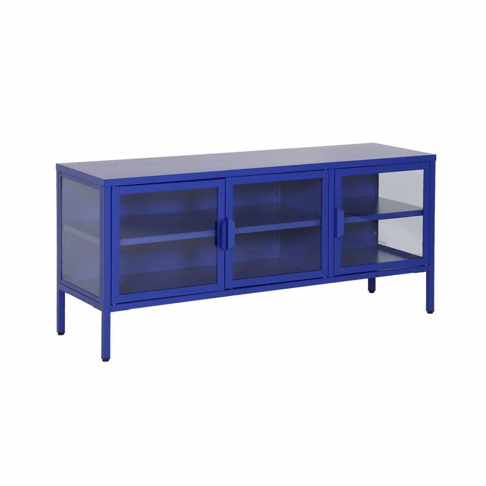 sweeek Industrial Metal and Tempered Glass TV Stand with 3 Doors, Blue, W: 120 cm, D: 35 cm, H: 55 cm – 2