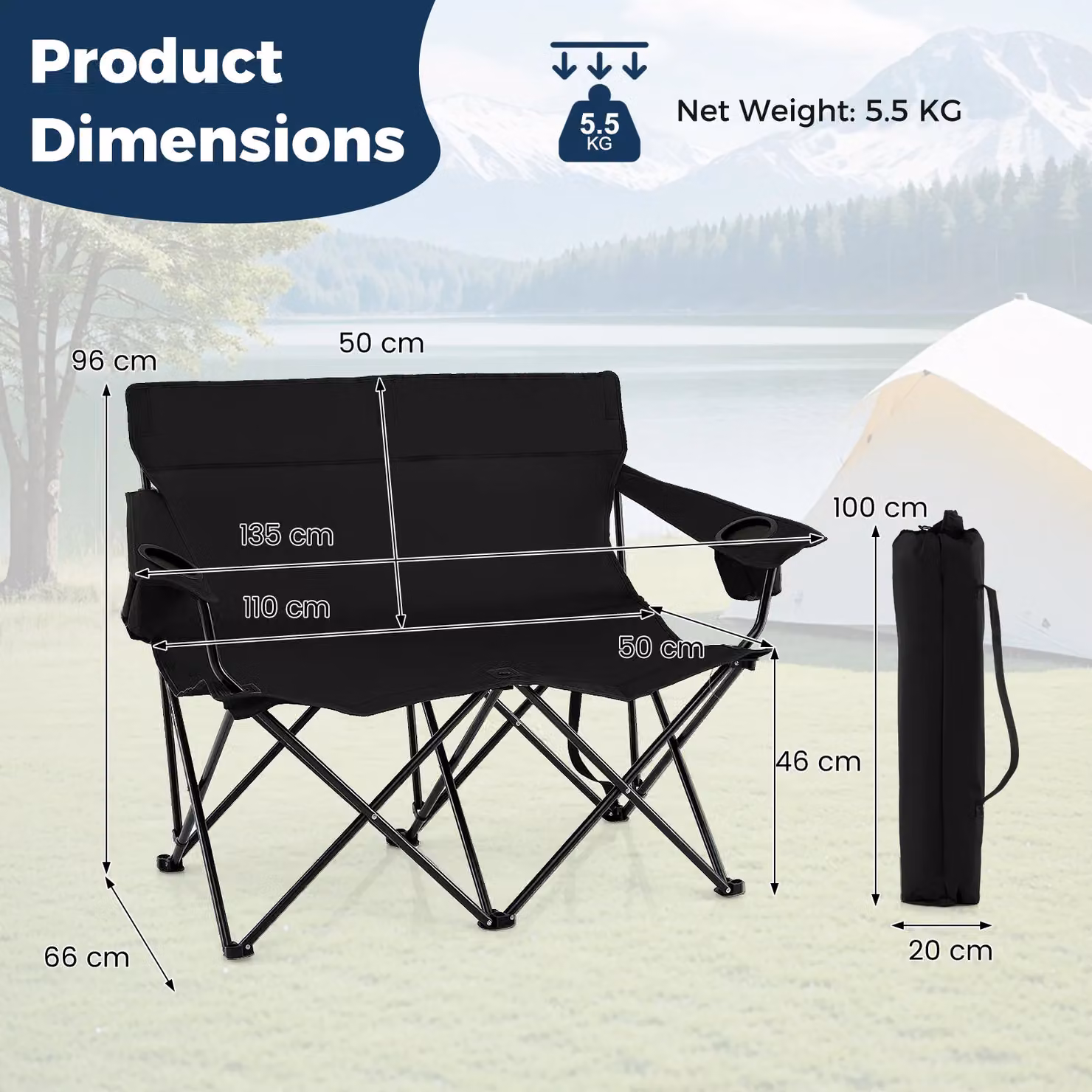 Gymax Oversized Double Camping Chair for 2 Adults in Black with Armrests and Cup Holders – 2