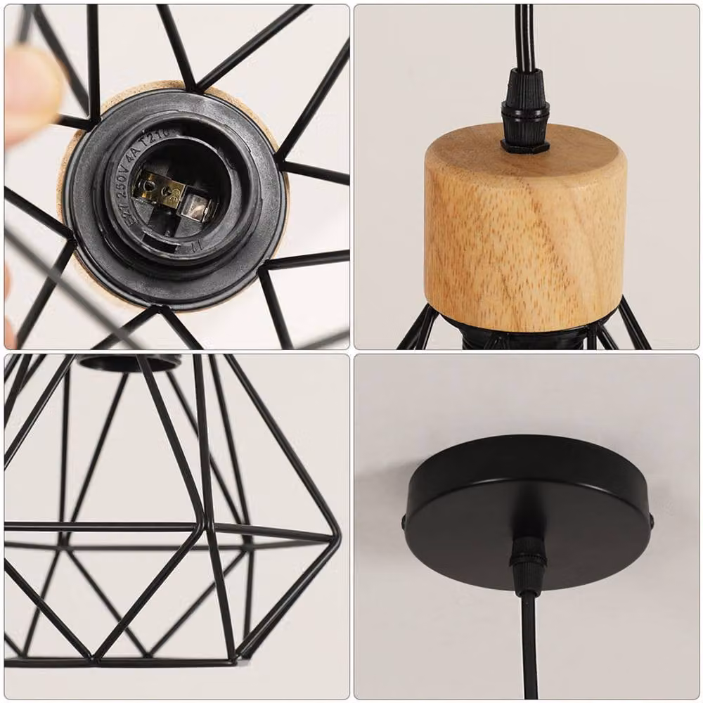 COMELY Vintage Industrial Pendant Light, Black Metal and Wood Cage Design with E27 Socket – 4