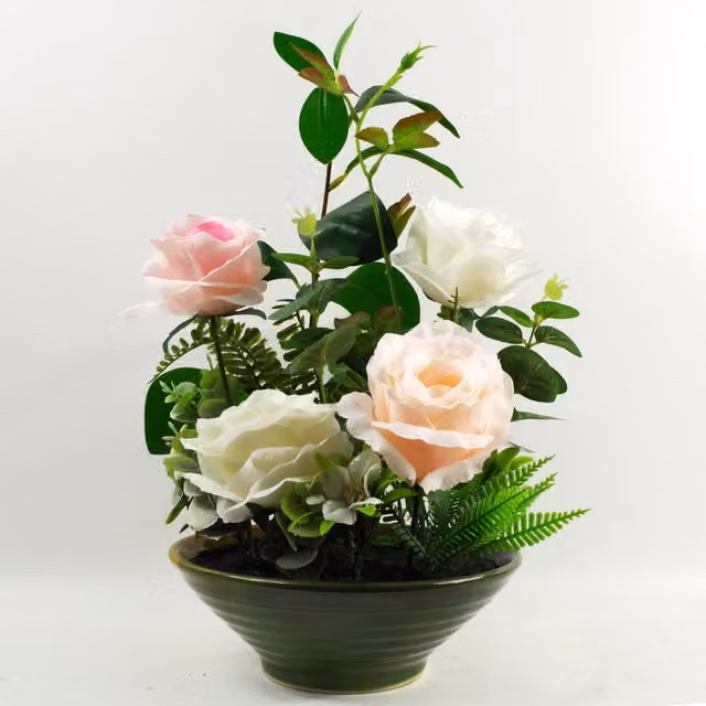 Leaf Design UK Pink Mixed Artificial Rose Display in a Round Ceramic Planter