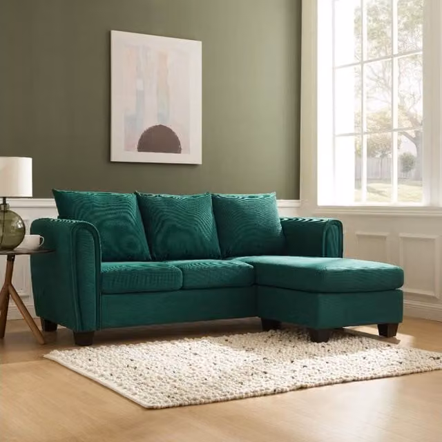 Home Detail Helana 3 Seater Reversible L-Shape Chaise Sofa in Green Cord Fabric – 1