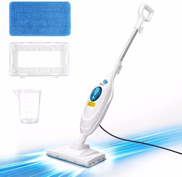 VOGREX White Steam Mop for Tile, Laminate and Wood with Hard Floor Nozzle and Edge Cleaning