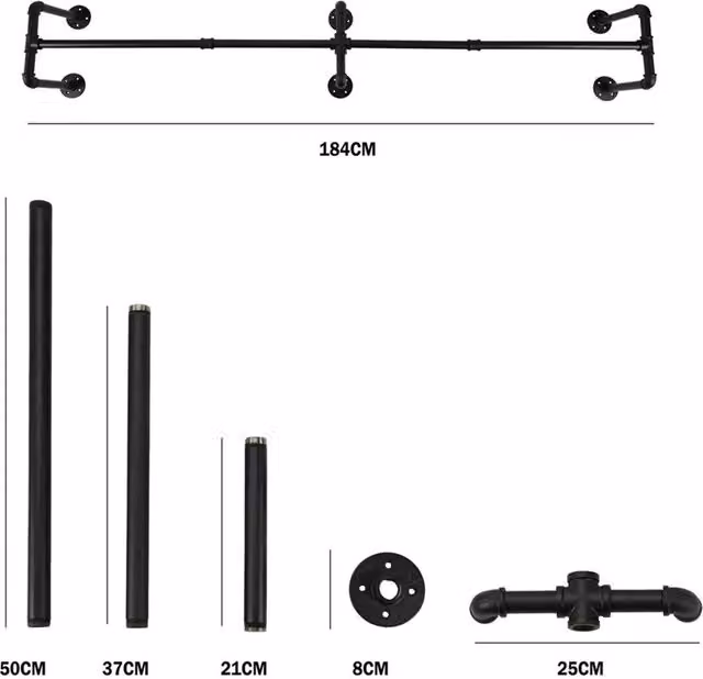 Nordara Industrial Matt Black Metal Adjustable Wall Mounted Clothes Rail, Width: 184 cm – 1