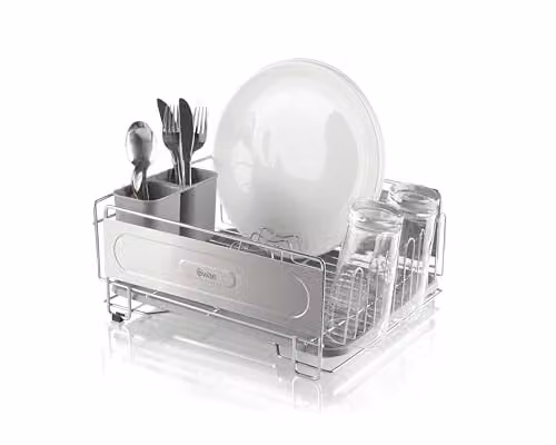Swan Silver Metal Dish Rack with Drip Tray, Cutlery Holder and Cup Holder, W/D/H: 43.5 x 29.5 x 15.5 cm – 1