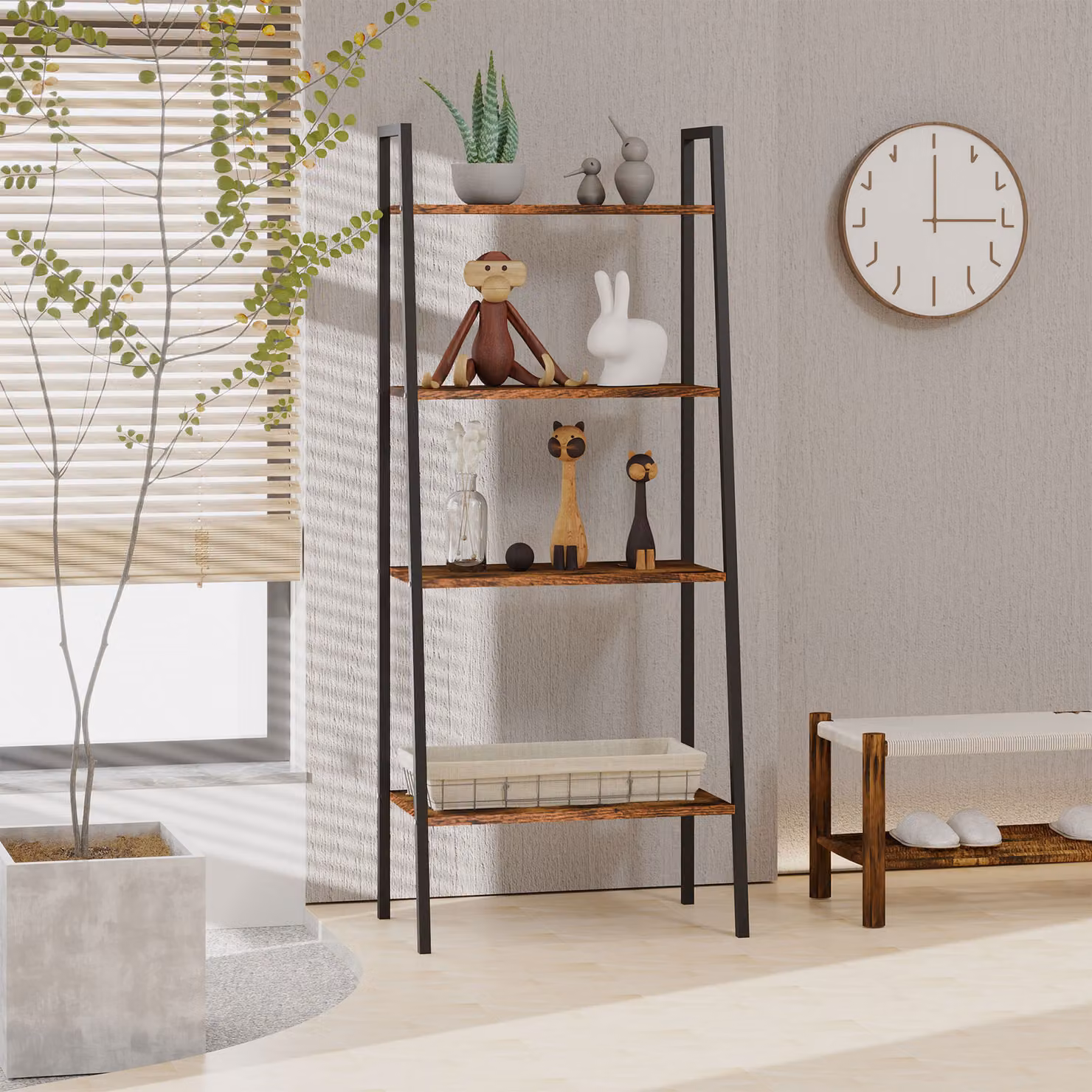 HOMCOM 4-Tier Vintage Ladder Shelf Bookcase and Wood Storage Rack in Black and Brown – 5