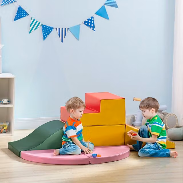 HOMCOM 6-Piece Red Foam Soft Playset with Stairs and Ramp