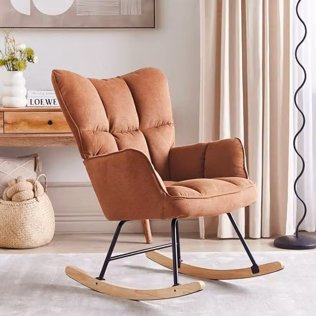 Wyld and Coco Brown Biscuit-Tufted Rocking Chair with Rubberwood Legs – 1