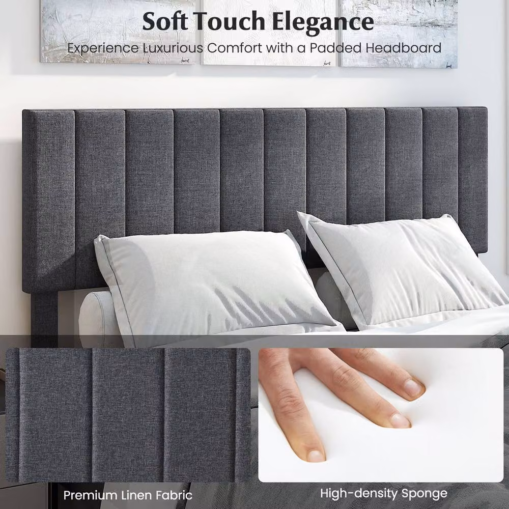 Costway King Size Upholstered Linen Fabric Platform Bed Frame with Headboard in Grey, W/D/H: 180 x 200 cm – 5