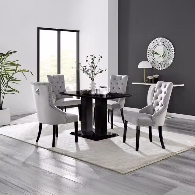 FurnitureboxUK Imperia Black Square Glass Dining Table and 4 Belgravia Black Leg Chairs in Grey