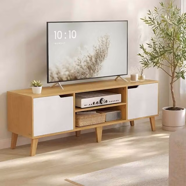 The Bazaarist Modern Media Console TV Stand with Adjustable Shelves in Oak and White