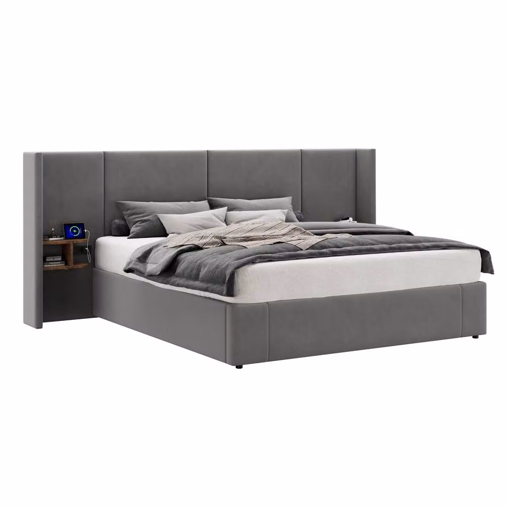 Rolipo Grey Velvet Upholstered Ottoman Bed with USB Charging Ports and Bedside Shelves, W/D/H: 180 x 200 cm – 4