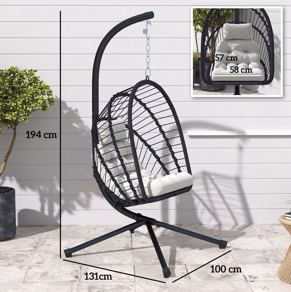 STILVORA Black Rattan Swing Chair with Cushion and Folding Basket – 3