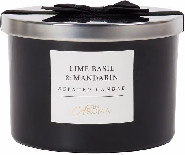 True Aroma Lime Basil and Mandarin Scented Tabletop Candle in Black