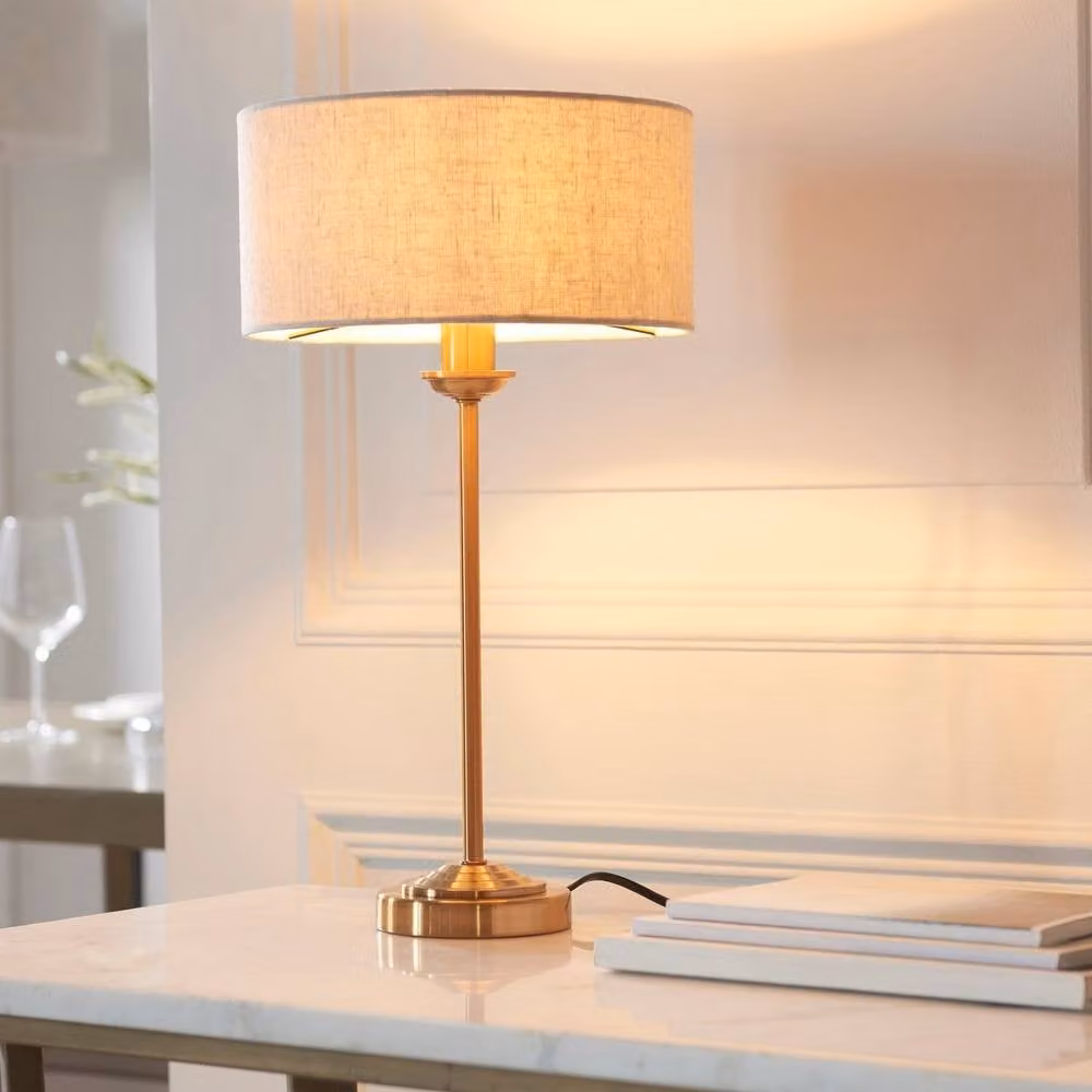 Netlighting Highclere Table Lamp with Round Beige Linen Shade and Vintage Brass Base, E14 – 2