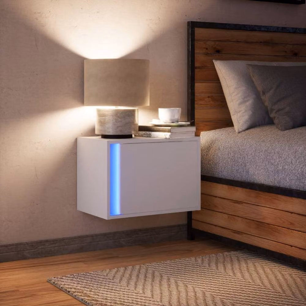 Berkfield Home Wall-mounted Bedside Cabinet with Integrated LED Lights in White Glossy Finish – 2