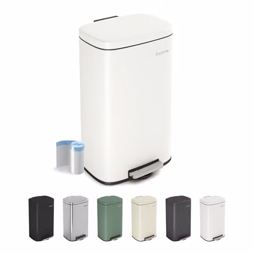 CozyLiving 30L White Stainless Steel Pedal Kitchen Bin with Soft Close Lid and Removable Inner Bucket
