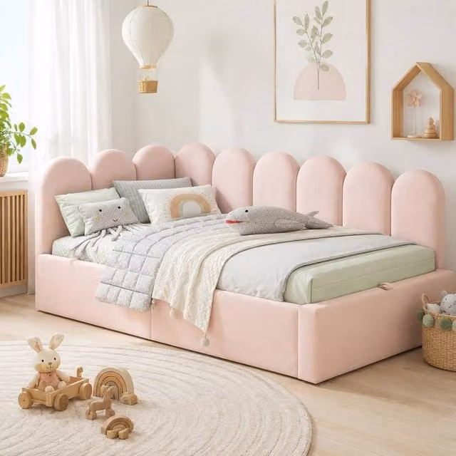 STILVORA Pink Velvet Upholstered Single Daybed Bed Frame with Lift Up Storage Base, W/D/H: 90 x 190 cm – 1