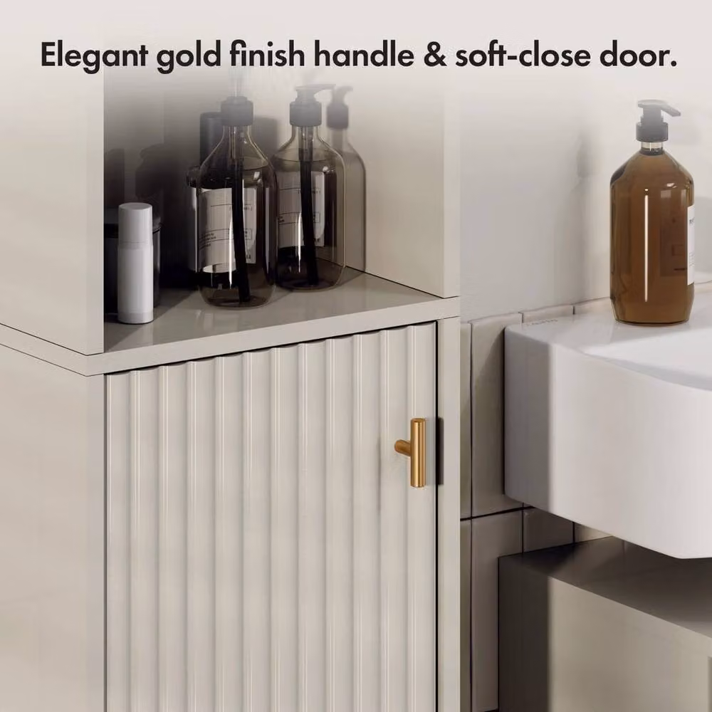 EONLION Tall Bathroom Storage Cabinet in Beige with Soft-Close Hinged Doors and Internal Shelves – 3