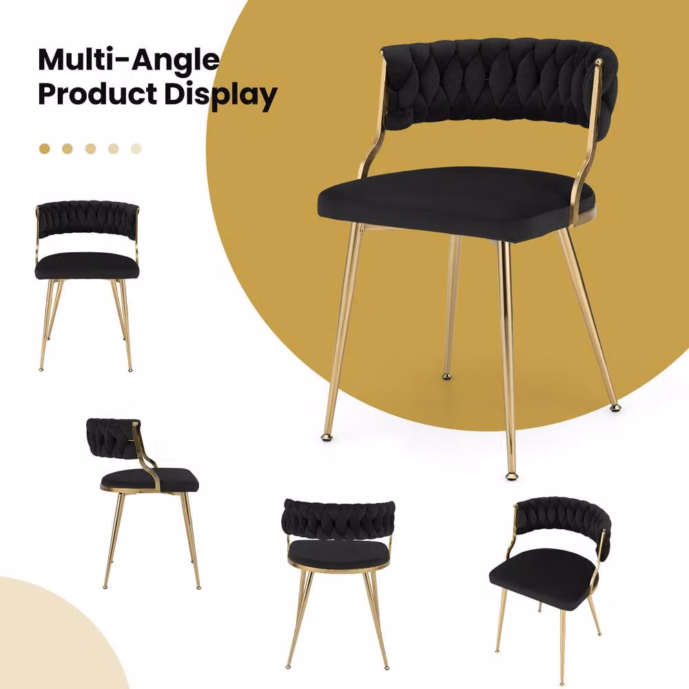 Costway Set of 2 Black Velvet Upholstered Armless Dining Chairs with Woven Back and Gold Metal Legs – 7