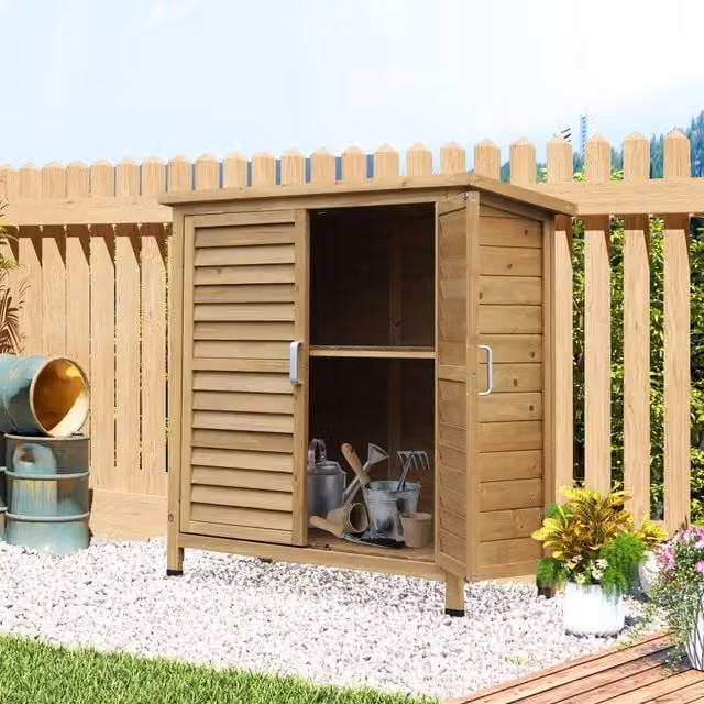 OUTSUNNY Garden Storage Shed in Natural Wood with Internal Shelving and Roll Shutter Doors, W/D/H: 79.0 x 46.5 x 96.5 cm – 1