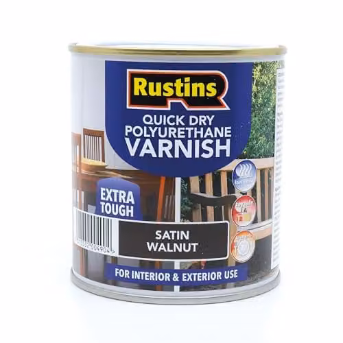 Rustins Quick Dry Polyurethane Varnish Satin Walnut 500ml - Water-Based Brown Wood Finish