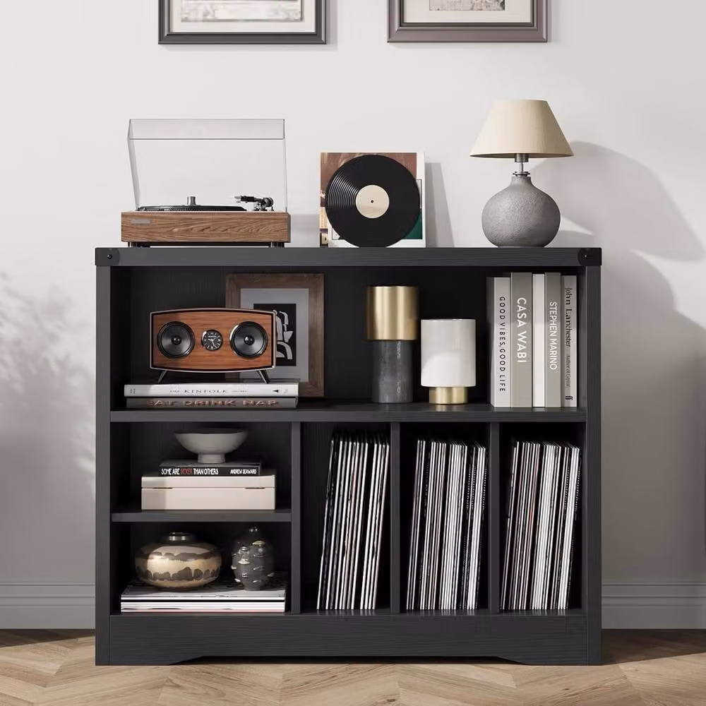 London Boutique Modern Black Record Player Stand with 6 Cube Media Storage Shelves – 2