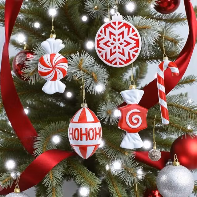 Garden Greatness 5 Pack Hanging Candy Lane Theme Christmas Baubles in Red and White