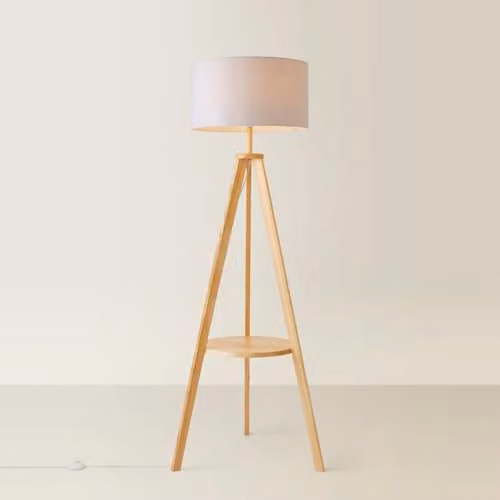 ValueLights Morrigan Modern Wood Tripod Floor Lamp with Grey Fabric Drum Shade and LED Bulb