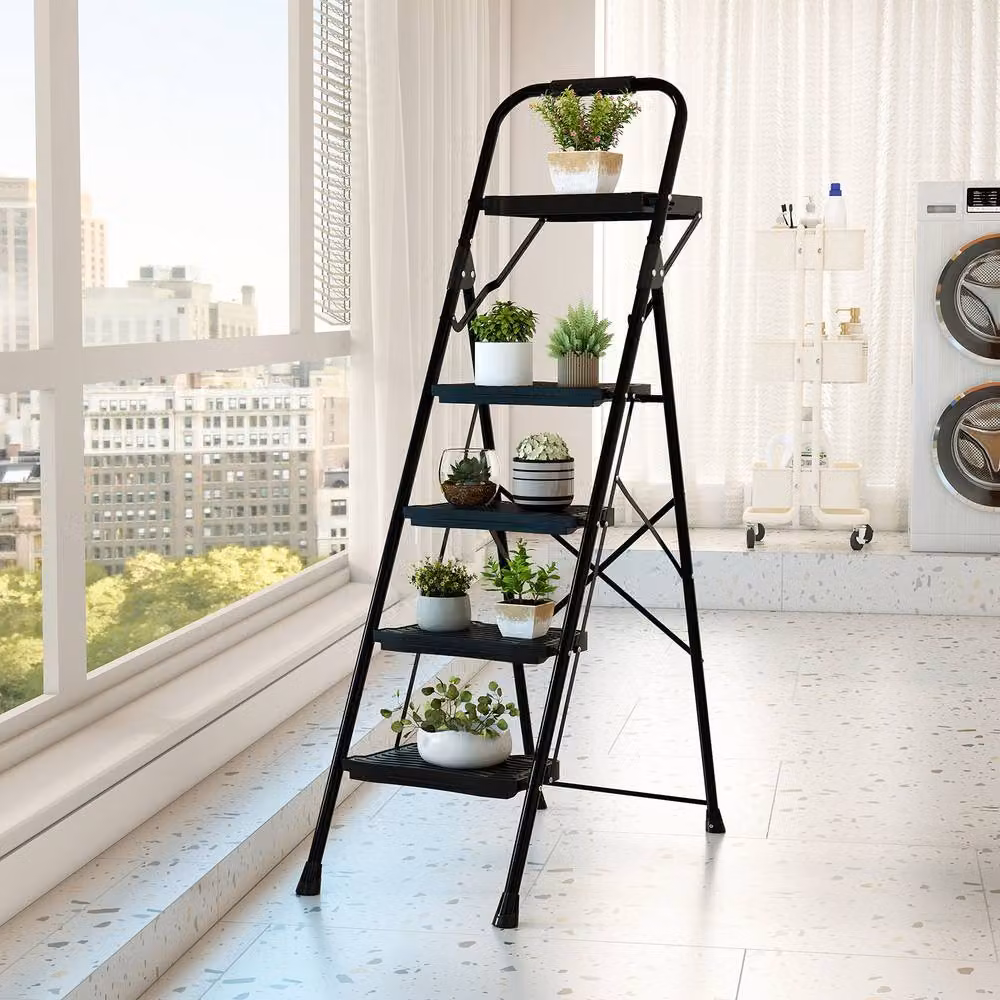 Gymax 4-Step Folding Metal Step Ladder with Tool Tray and Rubber Feet, Black – 7