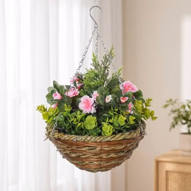 STILVORA Set of 2 Artificial Lisianthus Hanging Plants with Green Multicolour Flowers and Rattan Wicker Pots