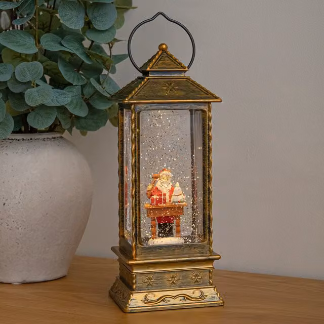 Samuel Alexander Gold Santa Workshop Christmas Water Spinner Lantern with LEDs, Height: 27 cm