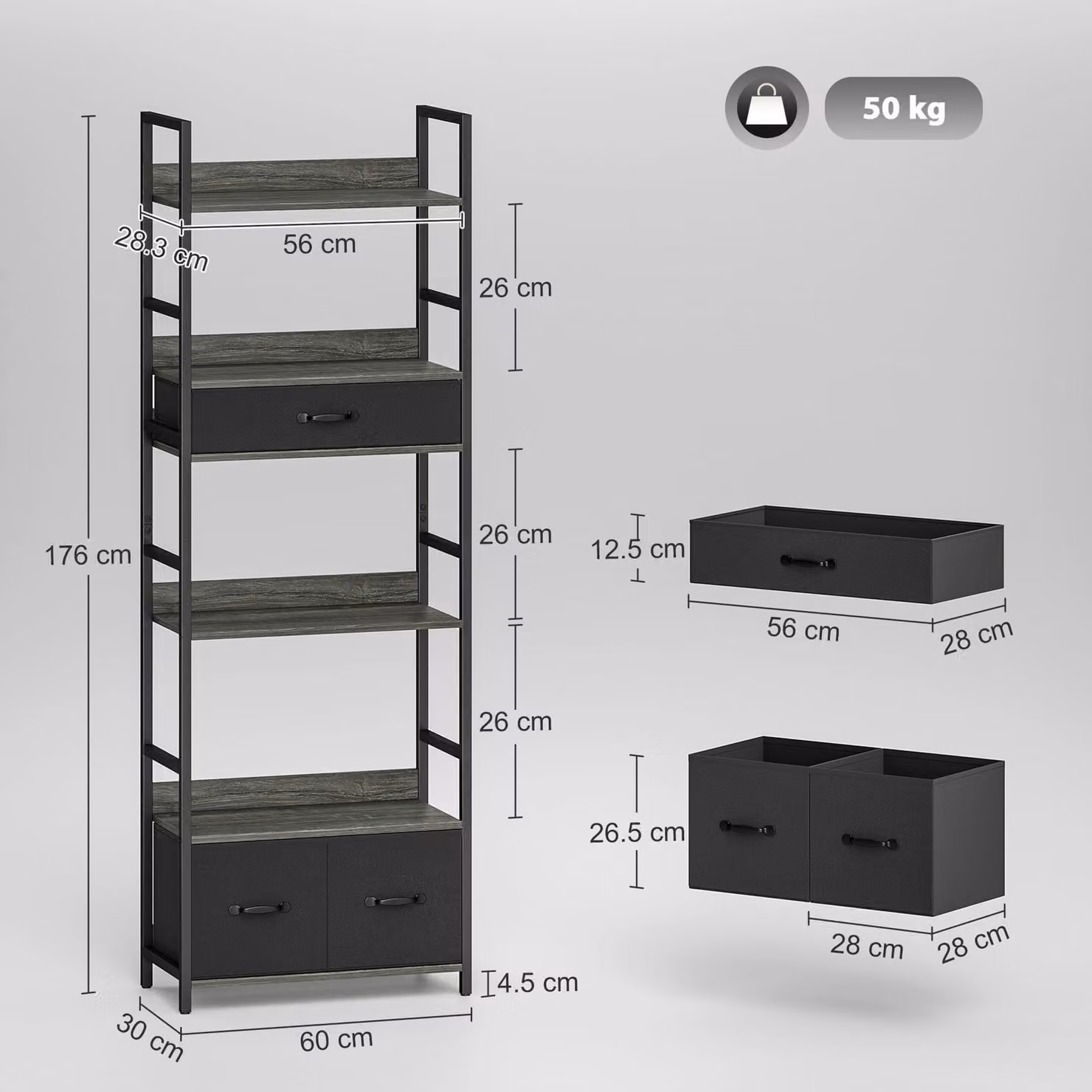 HOMCOM Industrial 6-Tier Tall Bookcase with 3 Fabric Drawers in Grey and Black – 3