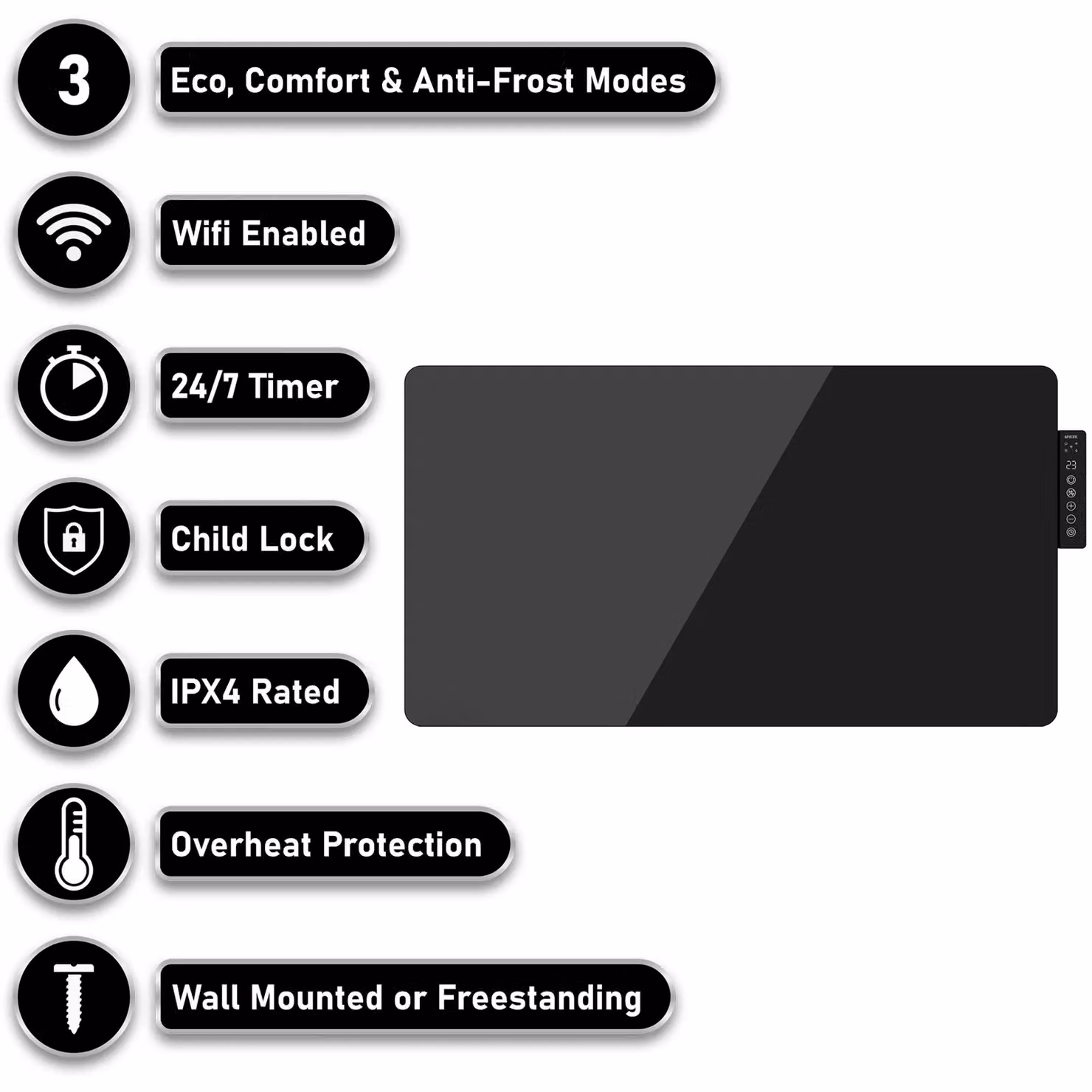 MYLEK 2kW Electric Glass Panel Radiator Heater with WiFi App Control, Black – 2