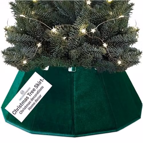 Deco Express Green Velvet Christmas Tree Skirt, Round Textile Base Cover, Top Diameter: 38 cm, Base Diameter: 65 cm – 1
