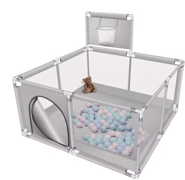 Dyzi Large Foldable Baby Playpen with Basketball Hoop, Grey, W/D/H: 126 x 126 x 66 cm