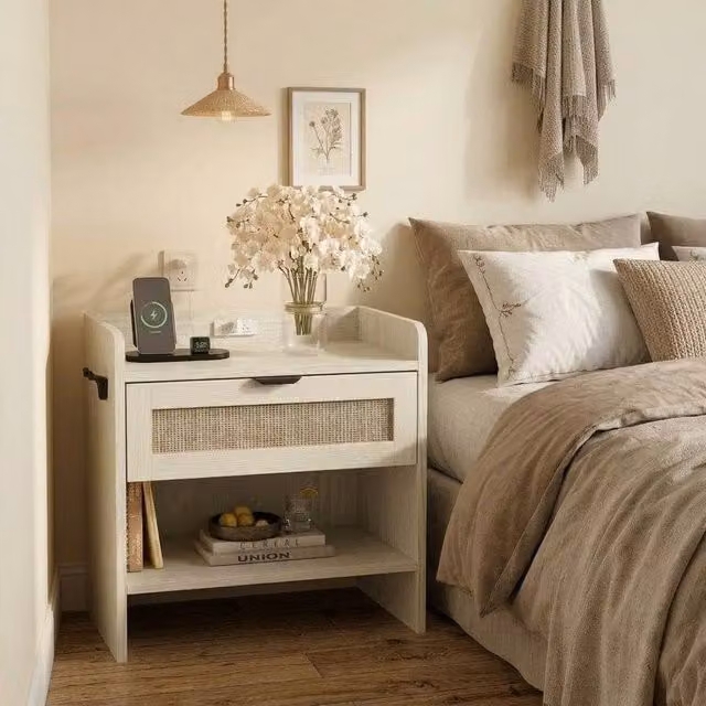 London Boutique White Rattan Boho Bedside Cabinet with Charging Station and Hook