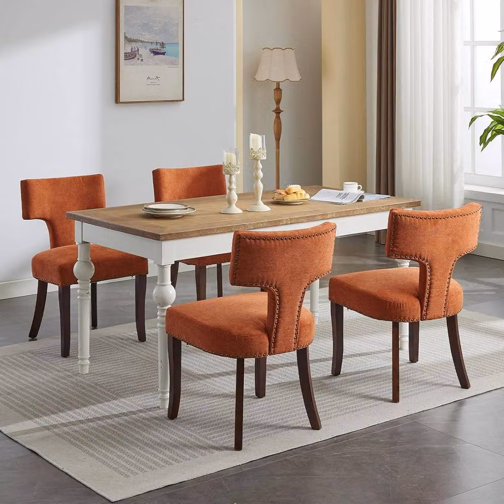 HomeTouch Set of 4 Orange Linen Fabric Upholstered Dining Chairs – 2