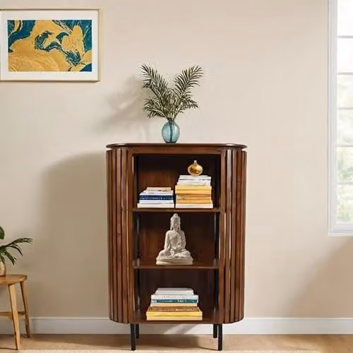 Indian Hub Slatted Medium High Mango Wood Bookcase in Brown, W: 100 cm, D: 40 cm, H: 145 cm – 2