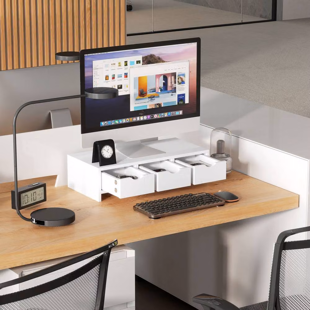STILVORA Monitor Stand Riser with 3 Drawers, White – 9