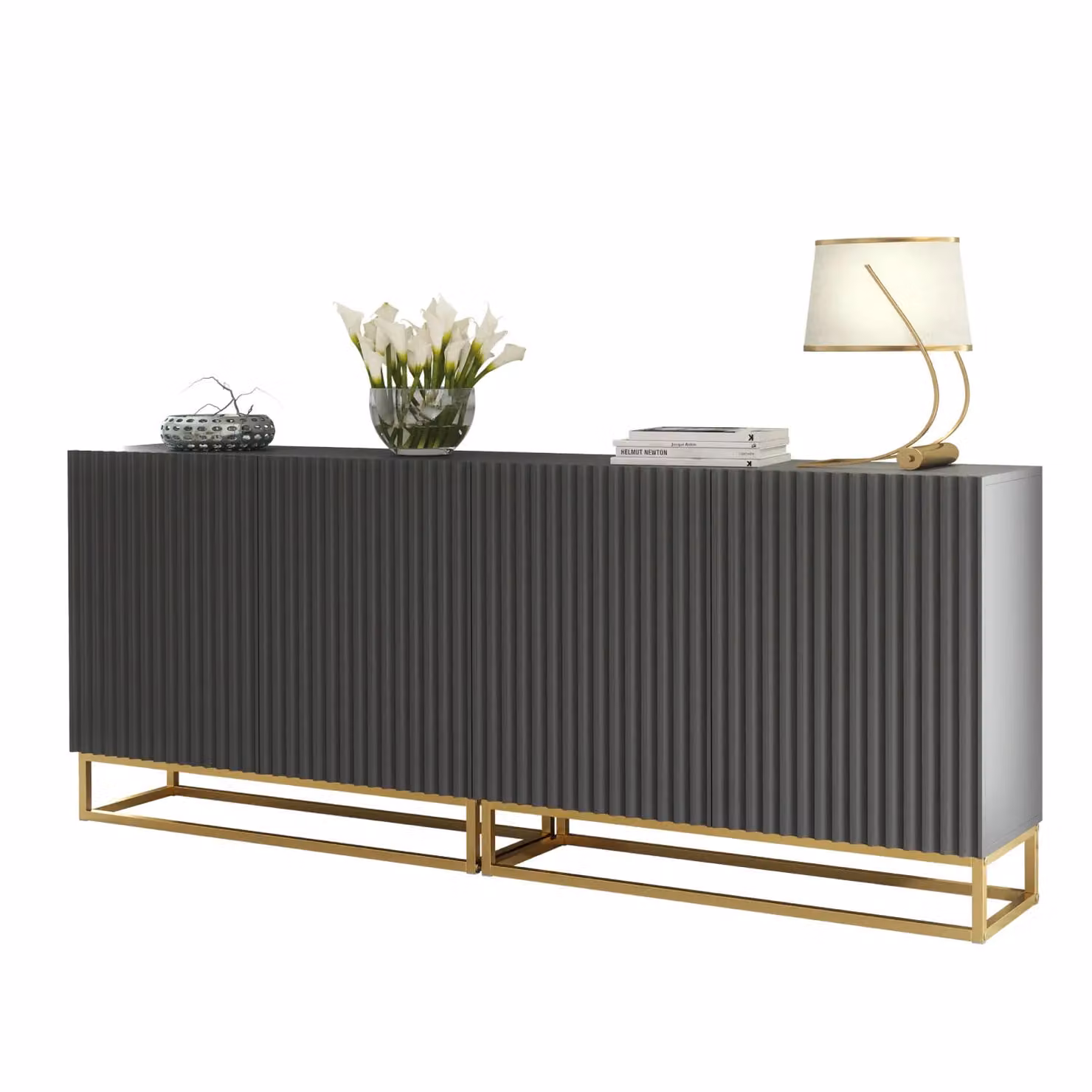 Creative Furniture Ripple Duo Sideboard in Dark Grey with Gold Details, Modern Fluted Design, W: 200 cm, H: 80 cm, D: 35 cm – 2