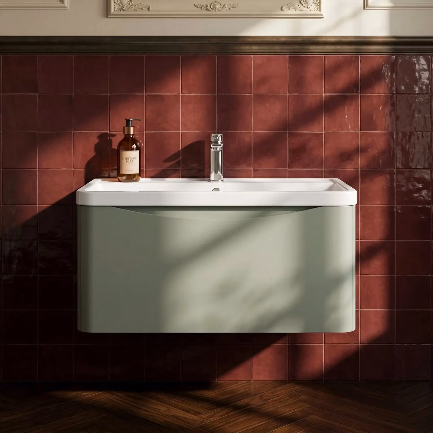 Balterley Modern Wall Hung 1 Drawer Bathroom Vanity Unit and Basin, Satin Green, W: 80 cm – 3